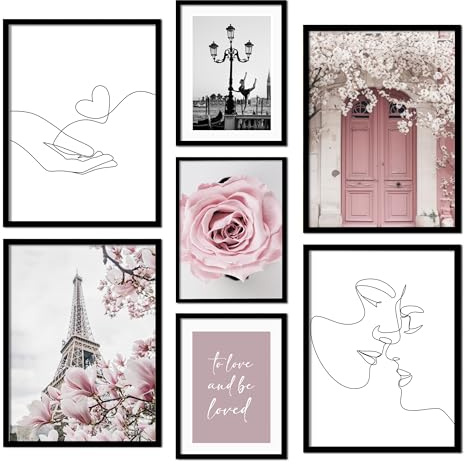 ag.art deco Quadri Moderni Soggiorno | Set di 7 Poster da Parete | Quadri Camera da Letto o il Soggiorno | Stampe da Parete senza Cornice (Parigi Rosa)