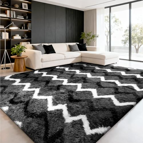 Flauschiger Teppich 160 x 230 cm Waschbar für Wohnzimmer,Grauweiß & Schwarz