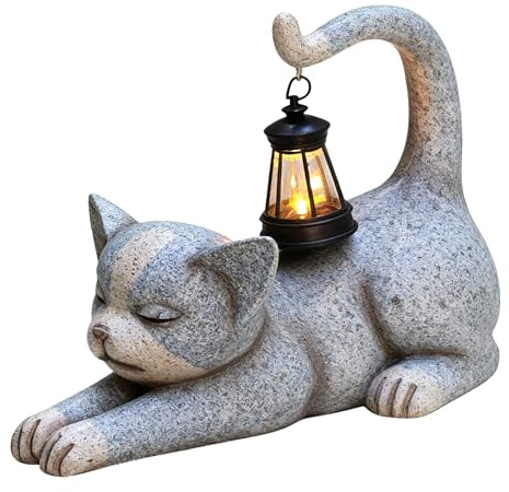 Katze Gartenfiguren für Außen mit Solar Laterne Schwanz, Geschenke für Frauen Mama, Katze Gartendeko für Draußen Wetterfest, Solar Deko Gartendeko für Draußen Balkon Terrassen Outdoor, Katzenschwanz