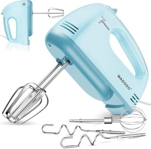 WADODO Electric Hand Mixer, 7-Speeds Small Handheld Mixer with 304 Stainless Steel Beaters, Dough Hooks & Whisk Attachment, Portable Food KitchenMixer for Baking Cake Cookies Cream, Blue