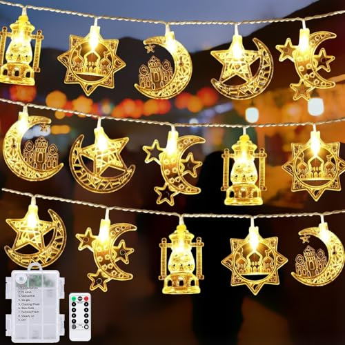 MOLVCE Ramadan Lichterkette, 3M 20 LED Lichterkette Innen Batterie Mit 8modi und Timer, Stern Mond Lichterketten für Muslim Deko, Tischdeko, Festival, Party, Garten, Eid Mubarak Dekoration