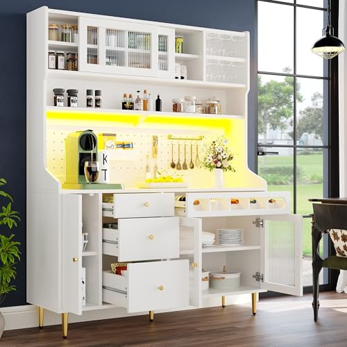 Huayz Buffetschrank, Hochschrank, Küchenschrank,Wohnzimmer-Schrank mit verstellbaren Einlegeböden,mit LED-Beleuchtung und Weinregal,5 Türen & 3 Schubladen, für Küchen Esszimmer,145×39×171cm (Weiß)