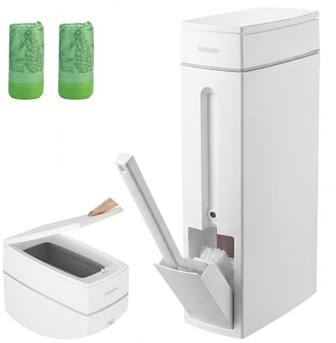 TW1TGOFT Slim Bathroom Bin with Lid - 4.5 L Toilet Bin with Lid, Toilet Brush & 120 Garbage Bags Waterproof Trash Can Push Button Plastic Bin for Small Spaces, Bedroom, Toilet - White