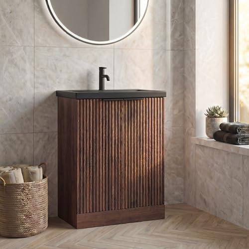 BAYSTONE Fluted 600mm Bathroom Vanity Unit Black Ceramic Basin Sink, Cloakroom Storage Furniture Cabinet Floorstanding Cupboard Soft Close, Black Handle, Walnut