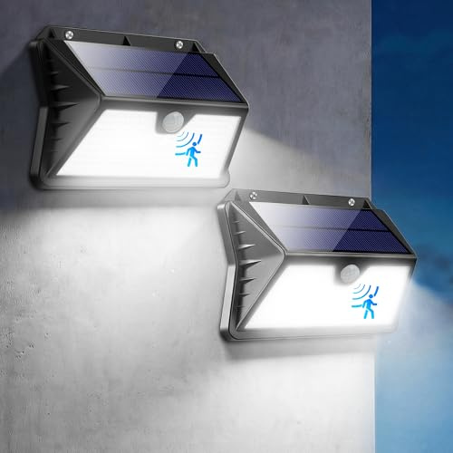 OUILA Solar Security Lights Outdoor Motion Sensor, 2 Pack Solar Lights Outdoor Garde, 185 LED Solar Wall Lights IP65 Waterproof 3 Modes Outdoor Solar Lights for Garage Yard Frontdoor (Cool White)
