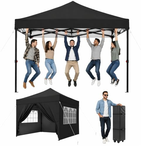 Aoxun Faltpavillon 3x3m Wasserdicht mit Seitenwänden Pop Up Pavillon | Wasserdichter 3x3m Pop Up Faltpavillon mit Seitenwänden, Rollentasche und Sandsäcken für Garten, Party und Flohmarkt