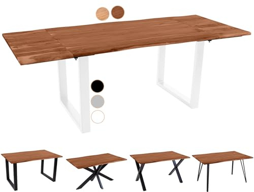 SAM Baumkantentisch 180 (280) x 90 cm Avino, Akazienholz nussbaumfarben & massiv, Esszimmertisch mit 2 Ansteckplatten, Weißes U-Metallgestell, Esstisch ausziehbar 8-10 Personen