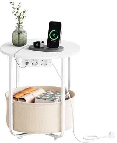 WOLTU Couchtisch rund, Kleiner Beistelltisch mit Steckdose, mit Stoffkorb | Metallrahmen,Weiß + Beige,einfache montage,bis 35 kg,für Kaffee und Laptop,für Wohnzimmer,Schlafzimmer ,Büro