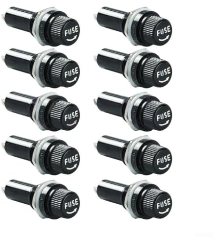 10 Stück Sicherungshalter für 5x20mm Glas-Sicherungen, Einbau in Schalttafel, schwarz, mit Schraubkappe und Lötanschlüssen, belastbar bis 10A 250V, hitzebeständiges Bakelit-Gehäuse für(5X20MM)