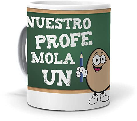 Taza Nuestro Profe Mola un Huevo | Regalo Original y Gracioso para Profesores y Profesoras | Con Pulsera Sorpresa y Caja de Caramelos de Broma | Ideal para Fin de Curso, Navidad o Cumpleaños