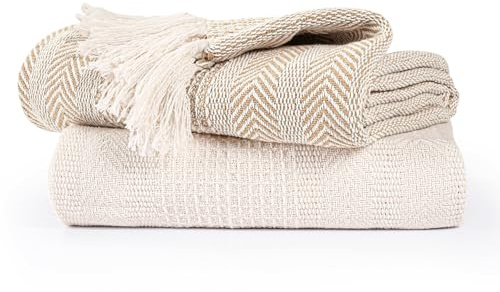 EHC Throw Blanket, Throws for Sofas armchairs Sofa Settee Couch Bed Cover Over Blanket throw, 125 x 150 cm, Beige/Ivory (Pack of 2)