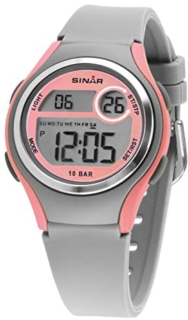 SINAR Mädchen-Armbanduhr Jugenduhr Sportuhr Outdoor Digital Quarz 10 bar mit Silikonband und Licht Grau Rosa XE-64-9