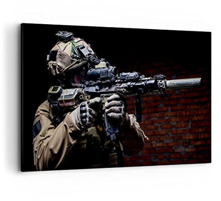 Wandbilder Dekoration Wohnzimmer Soldat Gewehr Bilder auf Leinwand 120x80cm Leinwandbild mit Rahmen Schlafzimmer Küche Deko Wand Kunstdruck Art Groß XXL Wanddeko Bild Wall Decor Canvas AA120x80-3785