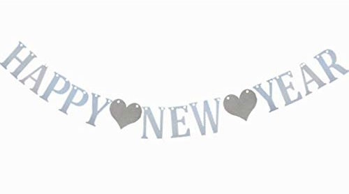 Uteruik Wimpelkette für Weihnachten, Weihnachtsbaum, aus Papier, Banner mit Aufschrift Happy New Year, zum Aufhängen, Girlande, Banner für Weihnachten, Party-Dekorationen Silber