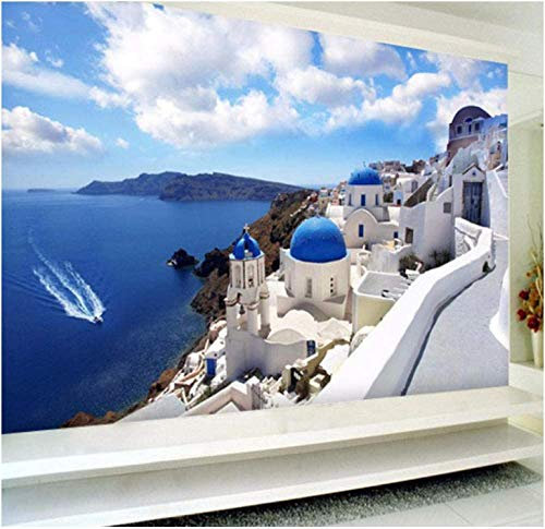 Papier Peint Trompe L Oeil Mural Santorin, Grèce décoration murale florale moderne non tisséePapier Peint 3D Faux Cuir Vinyle Mural Chambre Salle-250x175cm