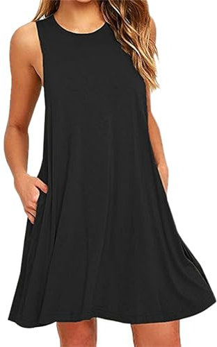 OMZIN Sommerkleid Leinen Kleider Damen Rundhals Strandkleider Einfarbig A-Linie Kleid Boho Knielang Kleid Schwarz XXL
