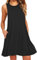 OMZIN Sommerkleid Leinen Kleider Damen Rundhals Strandkleider Einfarbig A-Linie Kleid Boho Knielang Kleid Schwarz XXL