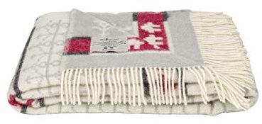 ÖJBRO VANTFABRIK Ekshärad Kalk gewebte Wolldecke mit Fransen 130x200 cm Natur/grau/rot 100% Schafwolle Strick-Plaid Tagesdecke Quilt warm weich - Hergestellt in Schweden