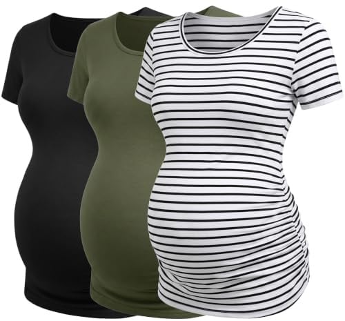 Love2Mi 3er Pack Damen Umstandsshirt Kurzarm Umstandsmode Sommer | Komfort und hautfreundliche material, Seitlicher Raffung, der gesamten Schwangerschaft, für freizeit & alltag