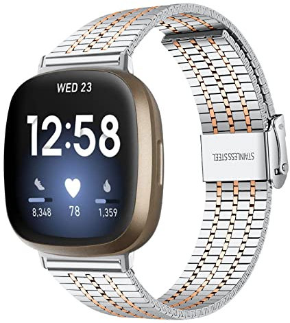 Ginamart Edelstahlarmband Kompatibel mit Fitbit Versa 3 Armband/Versa 4 Armband, Damen Herren Metall Ersatz Uhrenarmband Armband für Fitbit Sense/Sense 2, Small/Large, Edelstahl (Roségold)