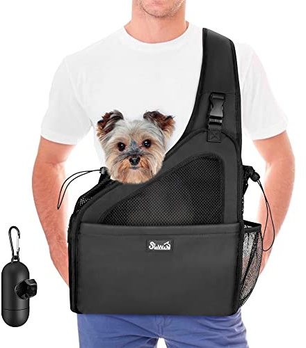 Eyein Pet Puppy Sling Carrier, Up to 12 lbs Hand Free Cat Dog Papoose, Hard Bottom Support Small Animal Travel Tote Bags with Breathable Mesh Adjustable Padded Strap Safety Belt Machine Washable