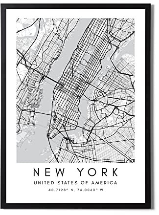 New York Minimalistische Karte mit Koordinaten Poster – Manhattan-Karte, Wandkunstdruck, A4, ungerahmt, Poster für Wohnzimmer oder Schlafzimmer (A3 (29,7 cm x 42 cm)