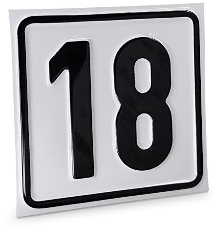 Betriebsausstattung24 Hausnummernschild Nr. 18 - Größe: 10 x 10 cm - Aluminiumschild - Farbe: weis/schwarz - Moderne Hausnummer- oder Parkplatzkennzeichnung