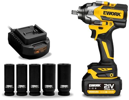 EWORK Cordless Impact Wrench 1/2 inch 21V Brushless High Torque Impact Gun Max 700 Ft-lbs Power Impact Wrenches with 4.0Ah Li-ion Battery, Fast Charger, 5 Sockets, Tool Bag (RB-810)