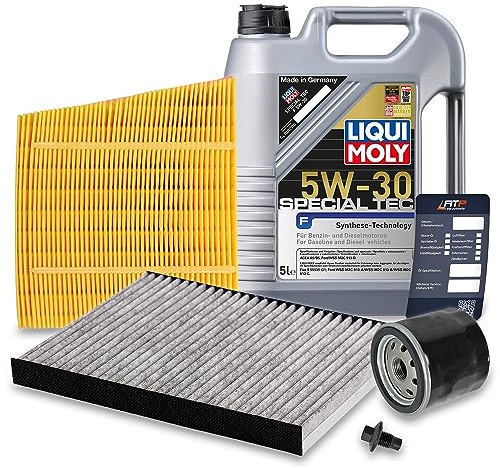 BESTPRICE Inspektionspaket Filterset mit 1x Ölfilter, 1x Luftfilter, 1x Innenraumfilter (Aktivkohle), 1x Ölablassschraube mit Dichtring, 1x Motoröl 5W-30 LIQUI MOLY Special Tec F 5 l, 1x Ölwechselanhä