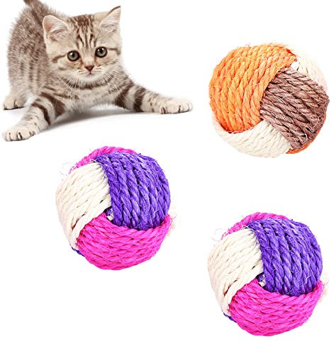 LIUJUNH 3 Pcs Cat Ball Sisal Ball Pet Scratching Animals Interactive Cat Rolling Environmentally Friendly Kitten Play for Cats Kitten Dog Playing Chewing (Random Color)