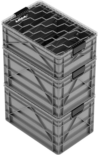 SIDIO CRATE Pro Pack - Two Full Size and One Half Size Heavy Duty Stackable Storage Bins, Totes, Containers with Lids and Dividers - Durable Organizer for Home, Office, Garage, and Outdoor Use - Gray