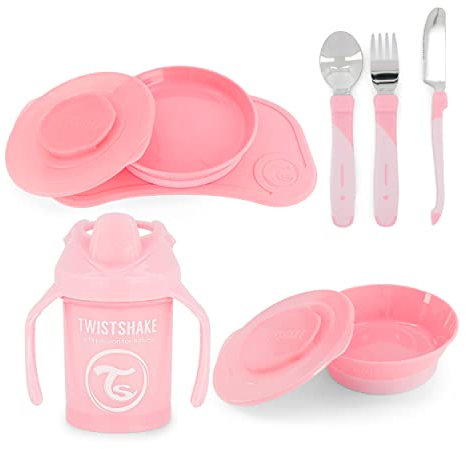 Baby Tableware Set - 4 Pieces | 1 x Baby Placemat - 1 Baby Plate - 1 Baby Bowl - 3 Stainless Steel Cutlery - 1 Drinking Cup | 6M + Baby Feeding Set | Tableware for Baby Weaning | Pink