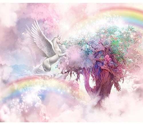 murando Fototapete Premium-Vlies Einhorn 350x256cm Foto Tapete Schlafzimmer Wohnzimmer Moderne Vliestapete XXL Wandtapete Motivtapeten Bildtapete 3d Effekt Wand Dekoration Baum Regenbogen Tier Natur