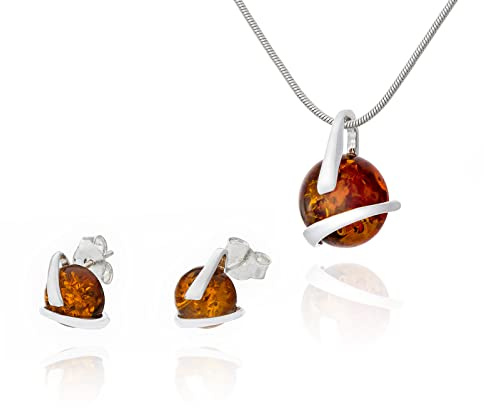 Kleines Damen Schmuck Set Amber 344, Anhänger mit Kette und Ohrringen, Baltischen Bernstein in Cognacfarbe, Sterling Silber 925, Geschenkidee