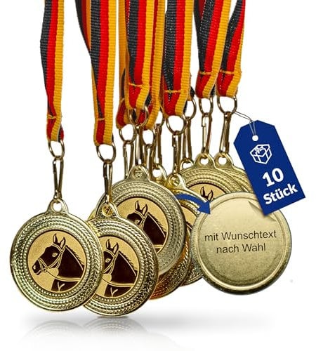Pokal-Fabrik - Pferde-Medaillen 10er Set Metall mit Wunschtext - Pferdemedaille golden zum Umhängen für Siegerehrungen - Medaillen Kinder mit Deutschlandband & Emblem für Vereine & Turniere