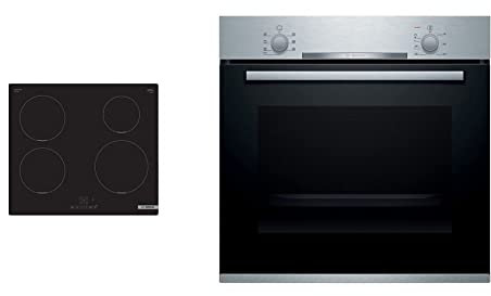 Bosch PUE611BB5E TouchSelect - Encimera inducción encastrable, 60 cm, 4 zonas,Gran zona 21 cm I Serig. Circular, color negro & Serie 2 HBA510BR0 Horno 60 x 60cm, A, Acero inoxidable