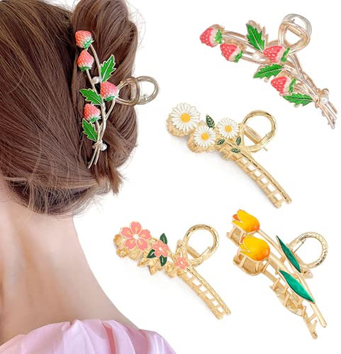 FAMIDIQGO Pack of 4 Strawberry Daisy Metal Hairpin for Women - Large Hair Claw Clips for Women with Thick Hair, Thin Hair, Hair Claw for Girls