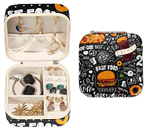 KQNZT Schmuck-Organizer-Box, kleine Schmuckaufbewahrung aus Pu-Leder für Ohrringe, Ringe, Halsketten, Armbänder,Burger Pizza Krapfen Hotdog