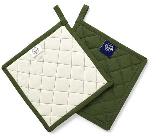 Encasa Heat Resistant Cotton Pot Holders With Hanging Loop - Set Of 2 - Leaf Green - Multipurpose Quilted Everyday Hot Pad For Kitchen, Camping, BBQ & Microwave - 21 cm