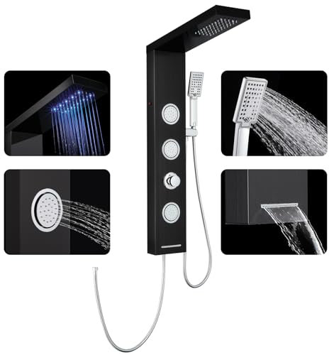 ROVOGO Schwarze Duschpaneel ohne Armatur, 4 in 1 Duschpaneele mit Regendusche, 3 x Massagedusche, Wasserfall-Badewanneneinlauf und Handbrause, Wandmontage Duschsäule aus Edelstahl