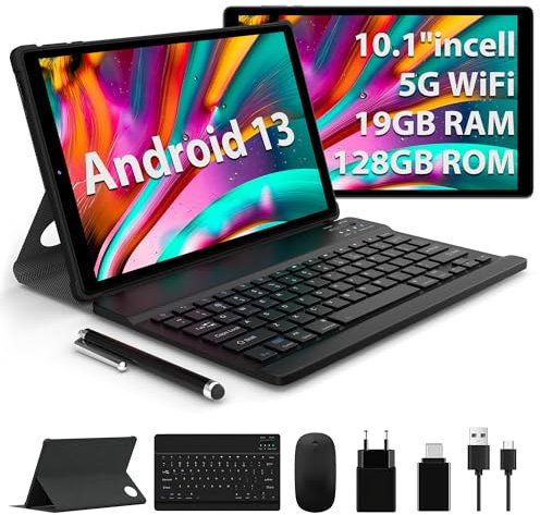 FASTWD Tablet 10 Pulgadas Android 13 Tablets PC 19GB RAM128GB ROM,FHD 1920 * 1200 incell,Tableta 5G WiFi 2.0 GHz,GPS,Google GMS,8000mAh,13+8MP,Face ID,Tablet con Teclado y Raton y Funda,Gris