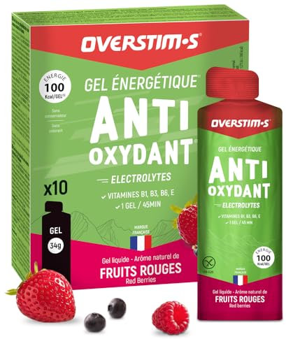 Overstim.s - Gel Antioxydant (10 sachets) - Gel énergétique pour le sport - Limite les crampes - Energie durable - Electrolytes (magnésium, sodium) - Réduit la fatigue - 100 kcal/gel - Fruits Rouges