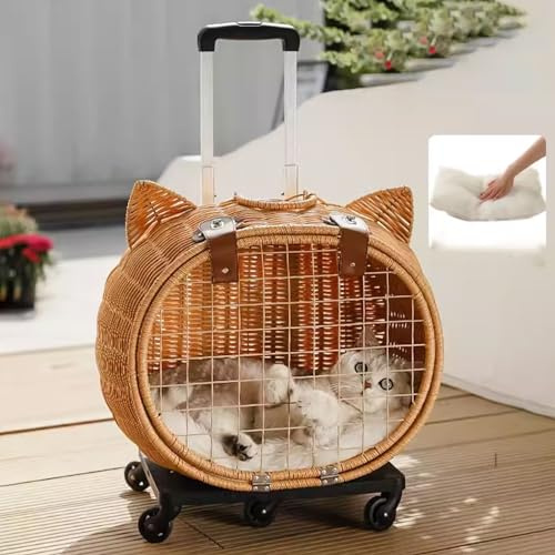 GAMAK Tragbare Katzentransportbox Aus Rattan Große Katzen mit Teleskopstiel & Rollen, Fahrbarer Atmungsaktive Tierträger für Hunde und Katzen Bis 8-12kg (Color : A)