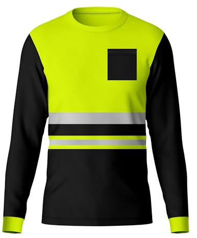 Mens Hi Vis High Visibility Reflective Tape Safety Contrast Long Full Sleeves Shirt Workwear Tee Tshirt Top Yellow Black