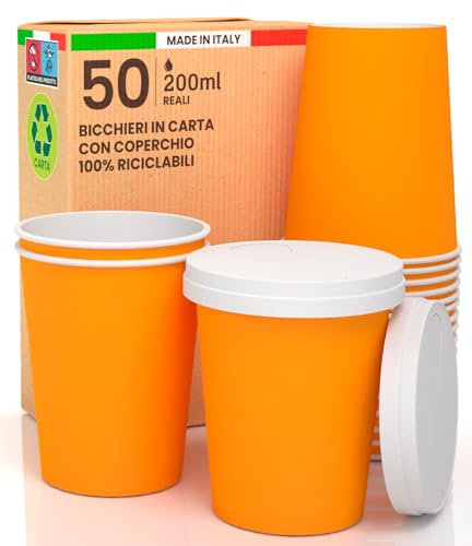 50 Bicchieri Caffè ASPORTO in Carta Arancione 200ml con COPERCHIO in Carta Bevande Calde e Fredde Tè Infusi Acqua Ecologici Biodegradabili Tazze Monouso Colorate + 50 Coperchi in Carta con Beccuccio