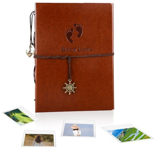 Fotoalbum Vintage Lederalbum 27x20,5cm, EUBSWA Selbstgestalten Fotobuch mit 60 Seiten Scrapbook für 420 Bilder, Hochzeit Gästebuch, Geschenk für Freund (Fuß)