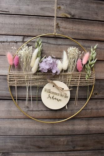 Trockenblumenkranz personalisiert Türkranz mit Name Metallring mit Trockenblumen