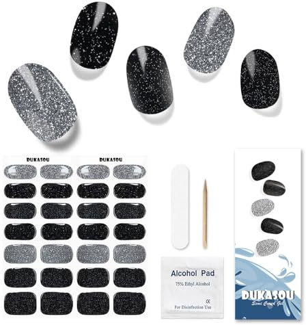 DUKASOU Nagelfolie UV Härtend - 28 Stück UV Gelfolien,Einfach und Bequem UV Gel Strips DIY Gel Nail Sticker ist ein Geschenk für Anfänger, um Nägel zu dekorieren(Schwarzer Glitzer)