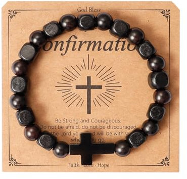 Eigso Holzperlen Kreuz Armband für Männer Frauen Schwarz 8MM Onyx Perlen Armband für Mann Frau