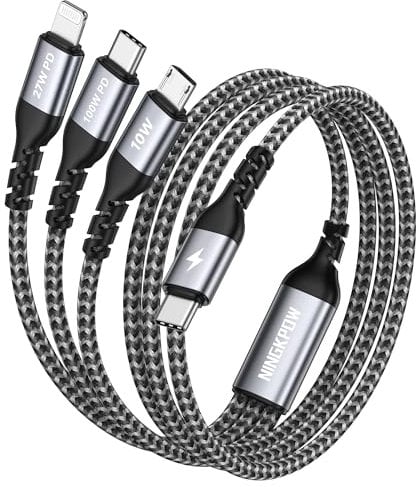NINGKPOW 100W USB C Multi Charger Cable [1.2M] 3 in 1 Charging Cable Multi USB Charger Lead with USB C PD [100W]+Lightning[27W]+Micro[10W] for iPhone 15/14, Samsung S24, Huawei, MacBook, Pad Pro, LG